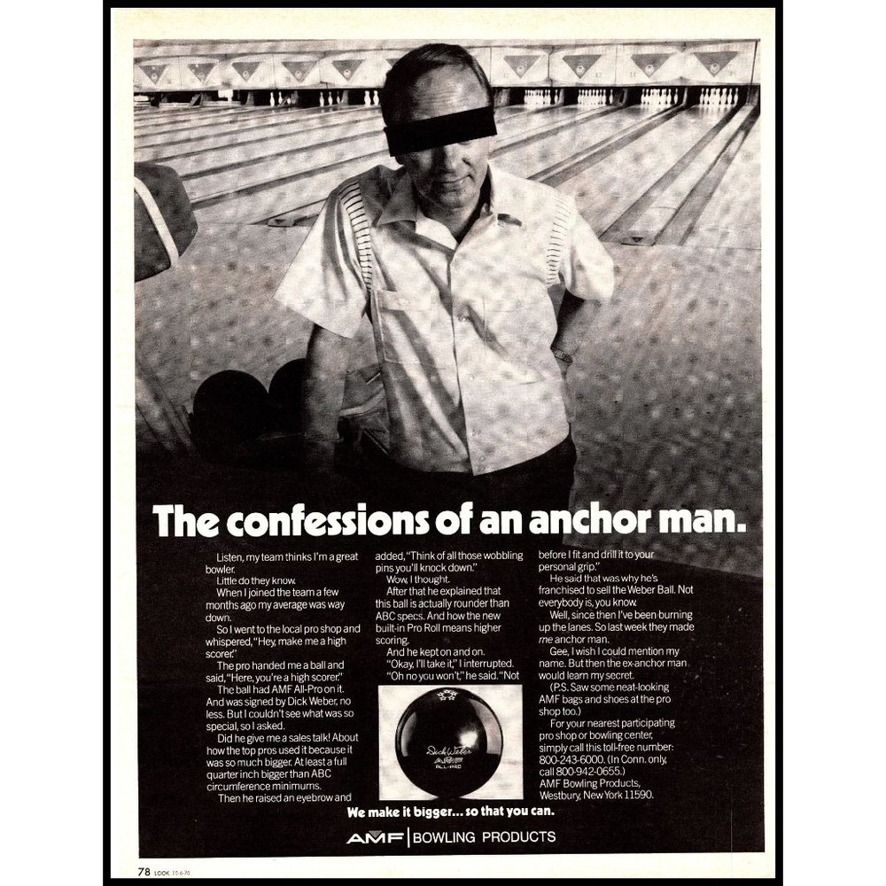 1970 AMF All Pro Bowling Products Vintage Print Ad Alley Lanes Shirt Ball Photo